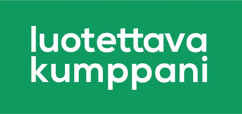 Vihreällä taustalla valkoinen teksti "luotettava kumppani". Teksti on jaettu kahdelle riville: "luotettava" ylärivillä ja "kumppani" alarivillä.