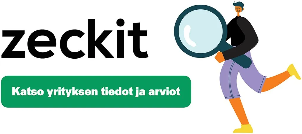 Kuvassa on musta teksti "zeckit" ja sen alla vihreä painike, jossa lukee valkoisella tekstillä "Katso yrityksen tiedot ja arviot". Oikealla puolella on tyylitelty, juokseva henkilö, jolla on tumma paita, violetit housut ja keltaiset kengät. Hän pitää suurta, tummansinistä suurennuslasia.